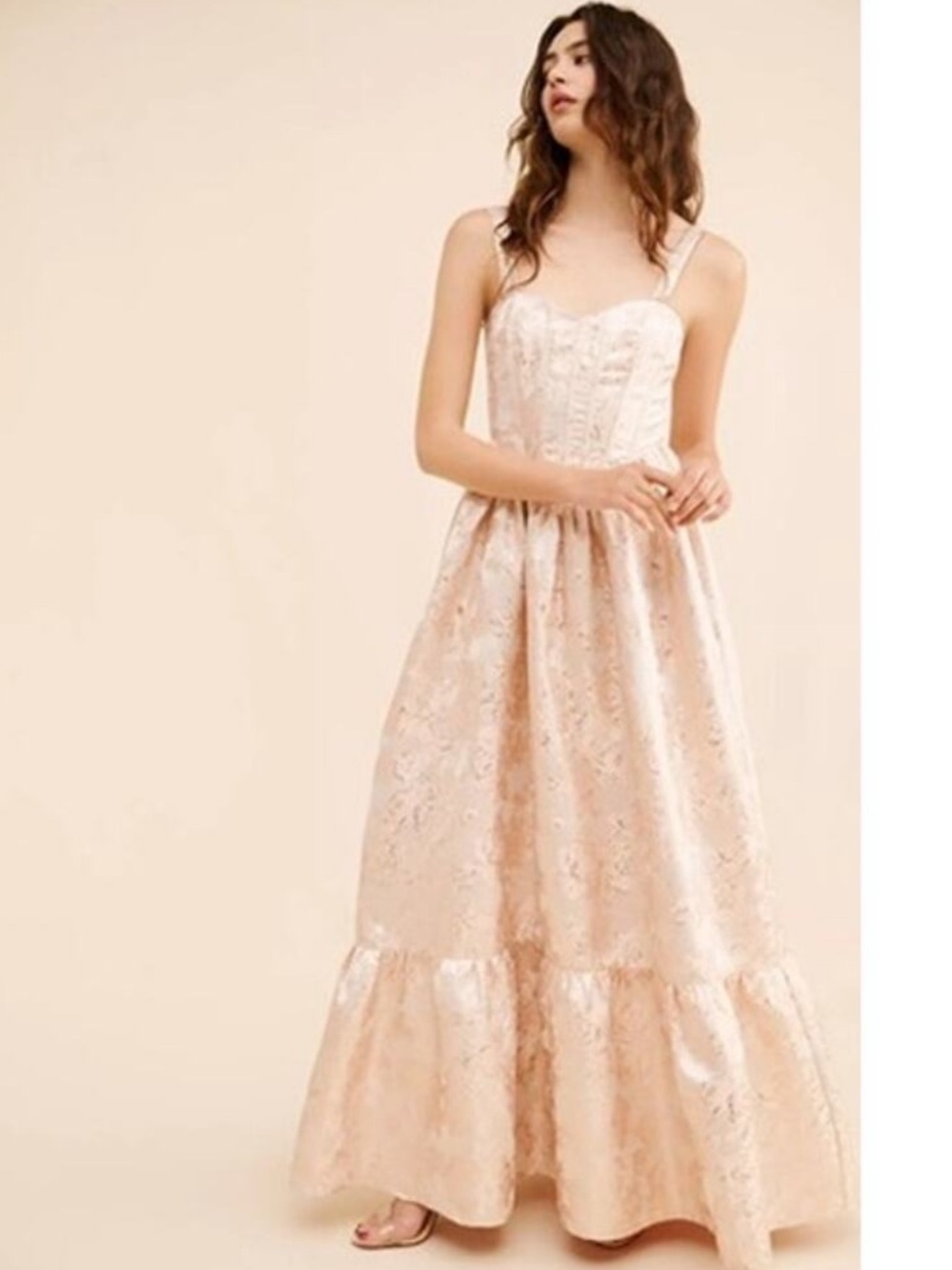 Anthropologie If By Sea Blush Pink Floral Jacquard Corset Romantic Maxi Dress, M